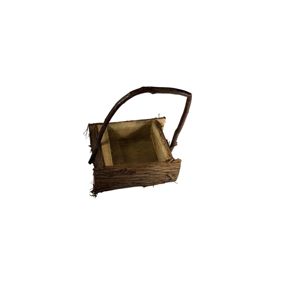 Primitive Rustic Log Basket Natural Bark Wood Branch Handle Cottagecore Canadian